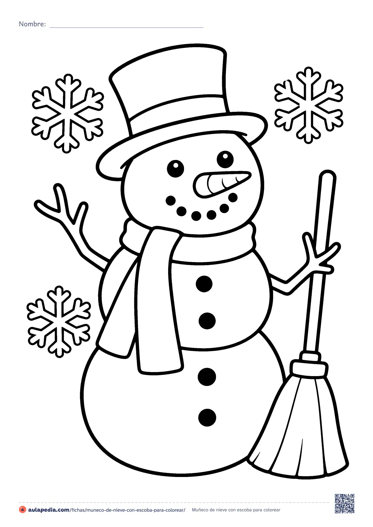 Primera página de la ficha «Muñeco de nieve con escoba»: muñeco de nieve de tres bolas con sombrero de copa, bufanda, nariz de zanahoria y escoba, entre copos. Fácil; hoja.