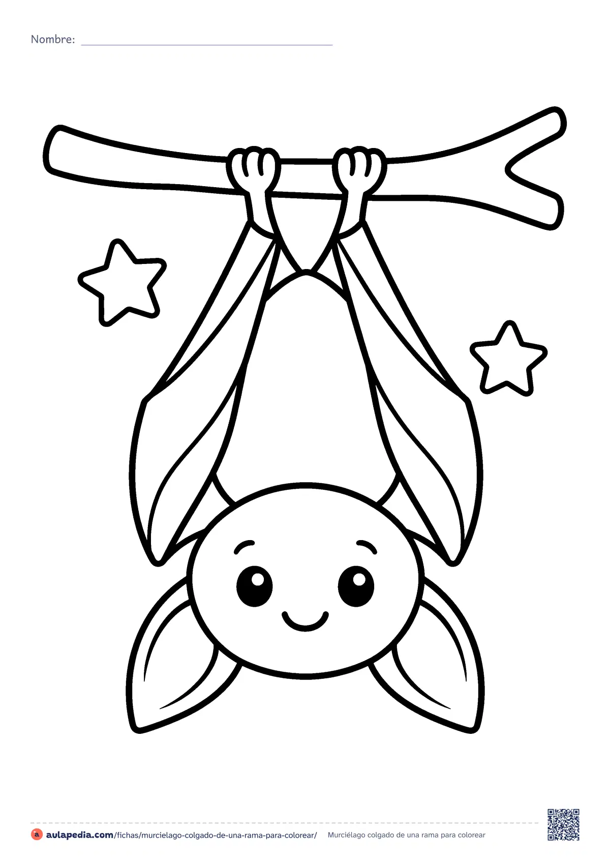 Primera página de la ficha «Murciélago colgado de una rama»: un murciélago sonriente cuelga boca abajo de una rama, con las alas plegadas y dos estrellas. Dibujo fácil para colorear, de contorno grueso.