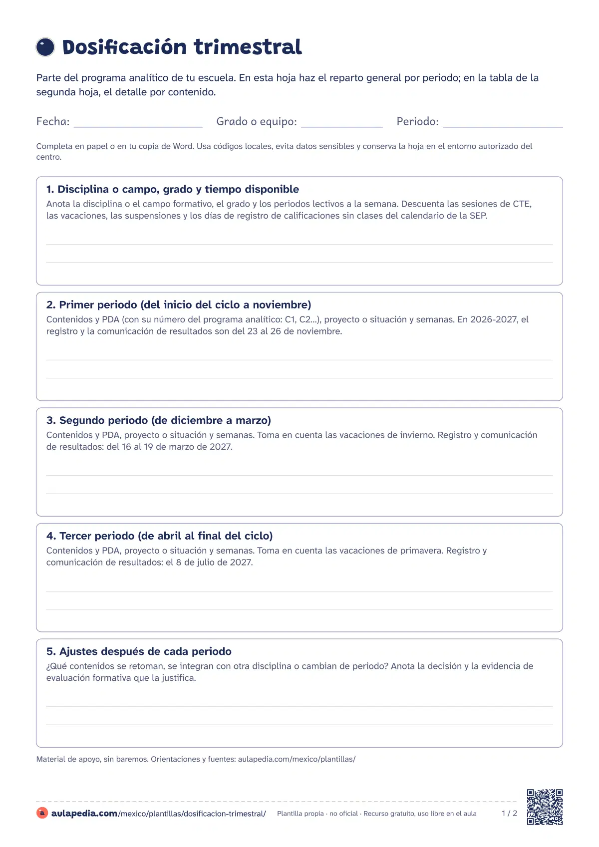 Primera página de la ficha «Dosificar el trimestre»: contenidos y PDA por periodo de evaluación, proyectos, semanas y ajustes.