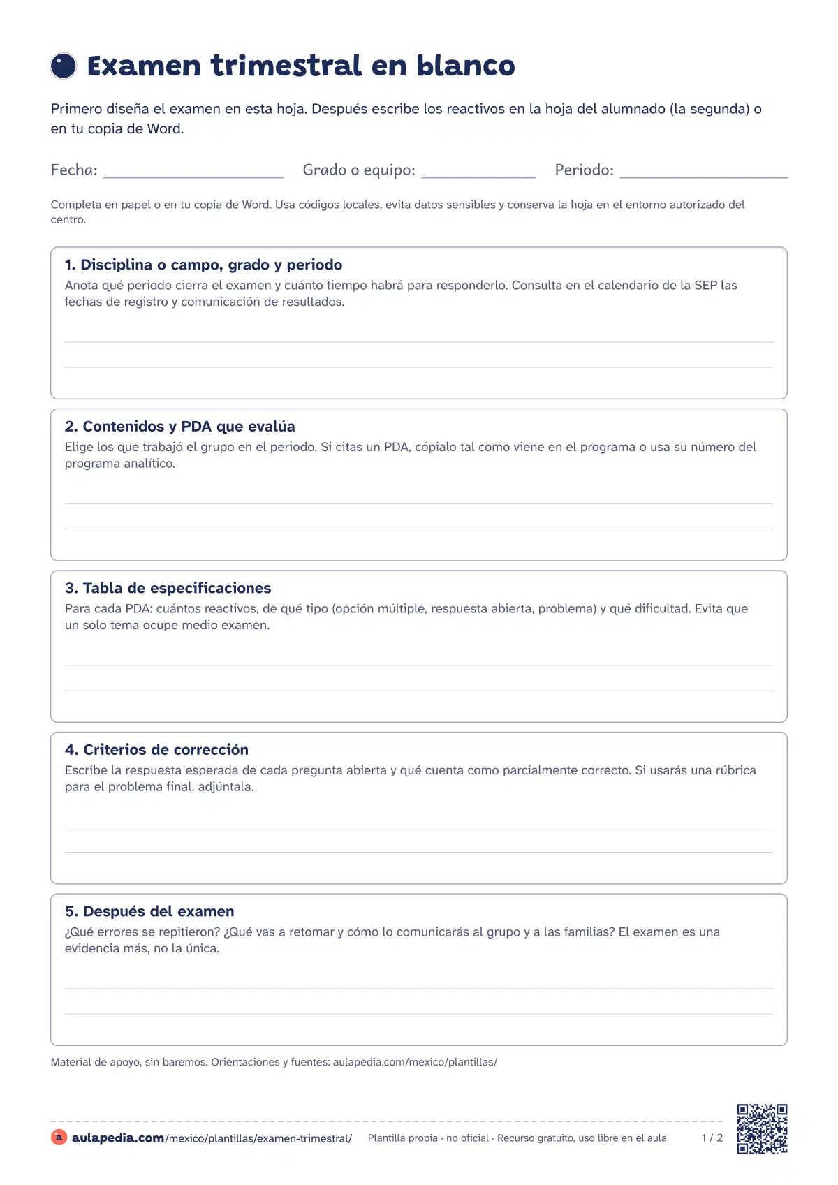 Primera página de la ficha «Armar el examen trimestral»: una hoja para diseñarlo a partir de los PDA y otra para el alumnado con encabezado, instrucciones y espacios.