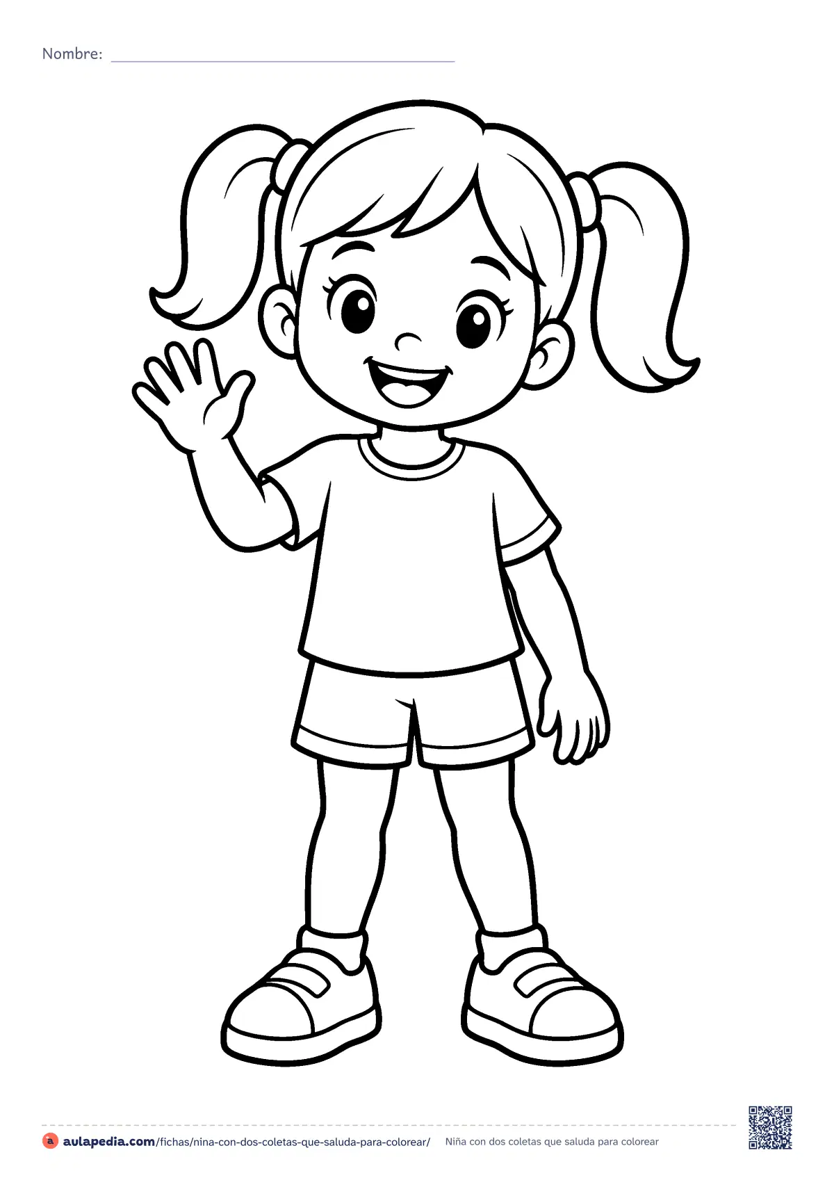 Primera página de la ficha «Niña con dos coletas que saluda»: una niña con dos coletas saluda con la mano abierta. Dibujo fácil para colorear, de trazo grueso, para trabajar el cuerpo y la ropa en Infantil.