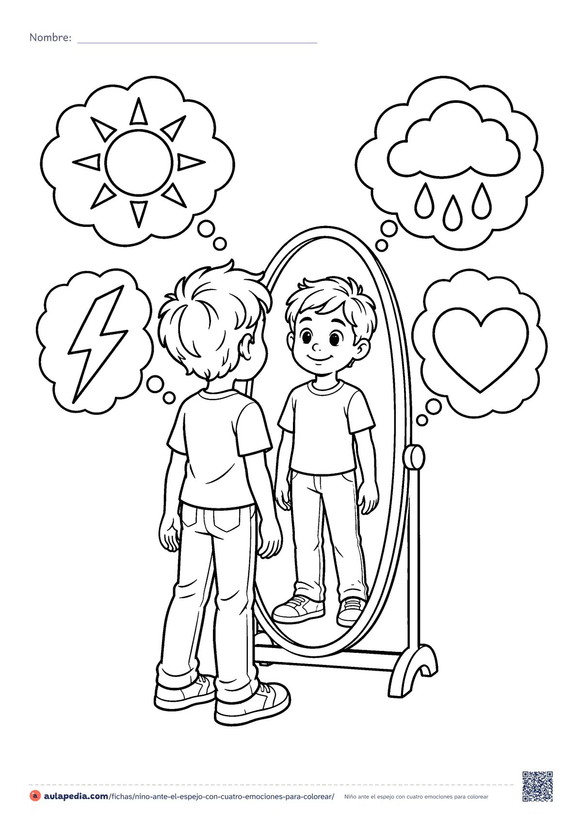 Primera página de la ficha «Niño ante el espejo con cuatro emociones»: un sol, una nube con lluvia, un rayo y un corazón. Dibujo para colorear y hablar de emociones.