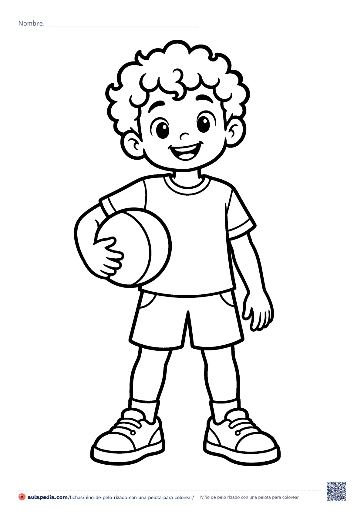 Primera página de la ficha «Niño de pelo rizado con una pelota»: un niño de pelo rizado sujeta una pelota bajo el brazo. Dibujo fácil para colorear, con contorno grueso y prendas grandes.