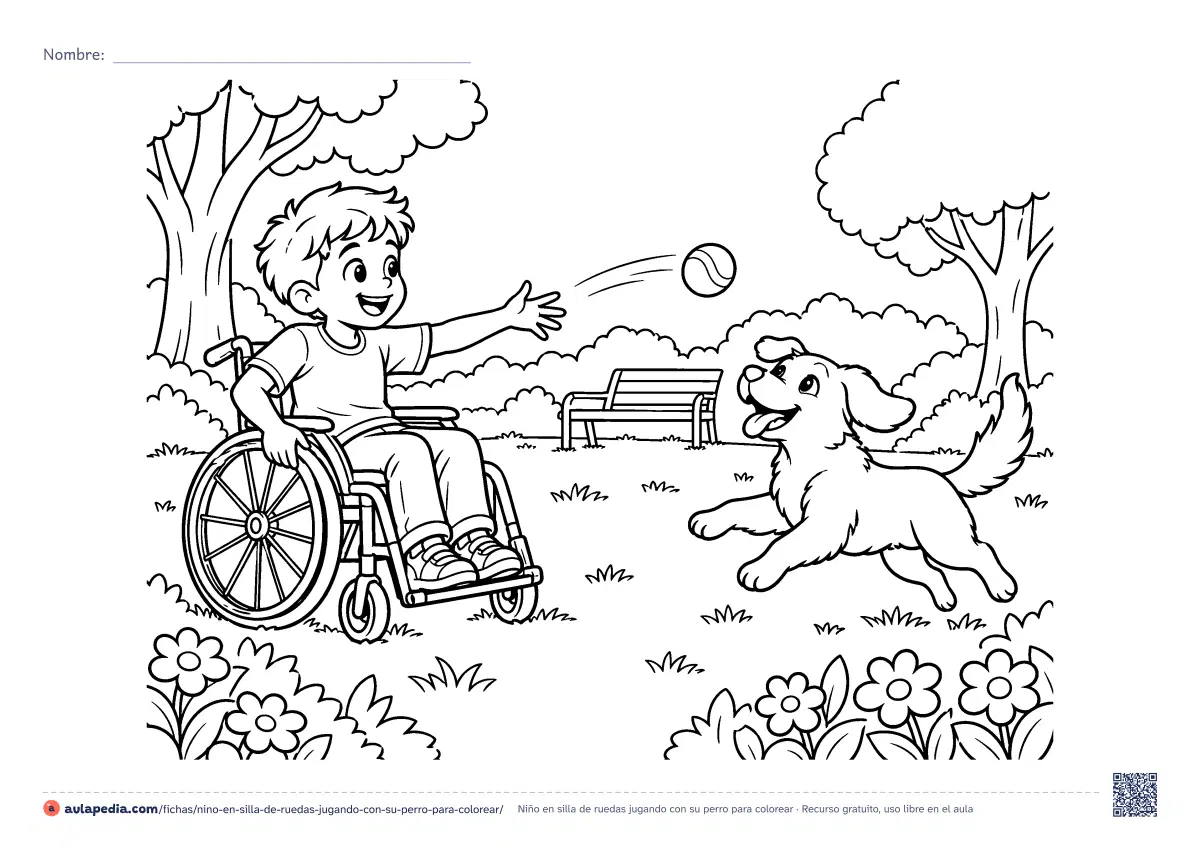 Primera página de la ficha «Niño en silla de ruedas jugando con su perro»: un niño en silla de ruedas lanza la pelota a su perro en un parque con árboles, un banco y flores. Dibujo apaisado para colorear.