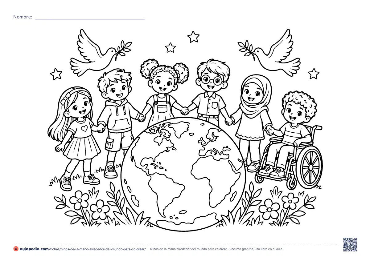 Primera página de la ficha «Niños de la mano alrededor del mundo»: seis niños y niñas, una en silla de ruedas, se dan la mano en corro alrededor de la Tierra, con palomas y flores. Dibujo para.
