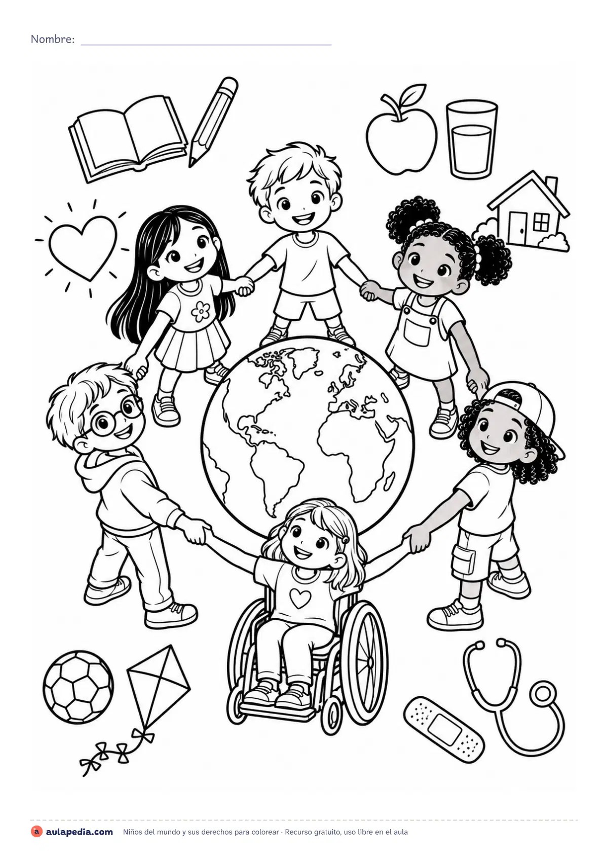 Primera página de la ficha «Niños del mundo y sus derechos»: corro de niñas y niños alrededor del mundo con los símbolos de sus derechos para colorear: escuela, comida, salud, juego y hogar.