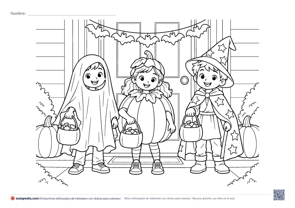 Primera página de la ficha «Niños disfrazados de Halloween con dulces»: tres amigos disfrazados de fantasma, calabaza y mago llevan sus cestas de dulces ante una puerta decorada. Hoja apaisada, dificultad media.