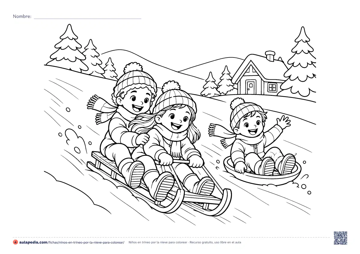 Primera página de la ficha «Niños en trineo por la nieve»: dos niños bajan una colina en trineo de madera y otro en platillo, con bufandas al viento y una cabaña al fondo.