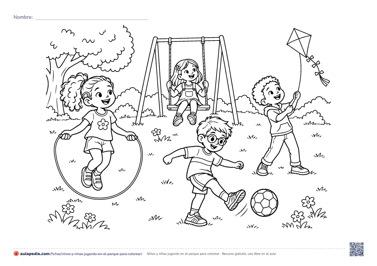 Primera página de la ficha «Niños y niñas jugando en el parque»: saltar a la cuerda, el columpio, la pelota y la cometa. Hoja apaisada para colorear, dificultad media.