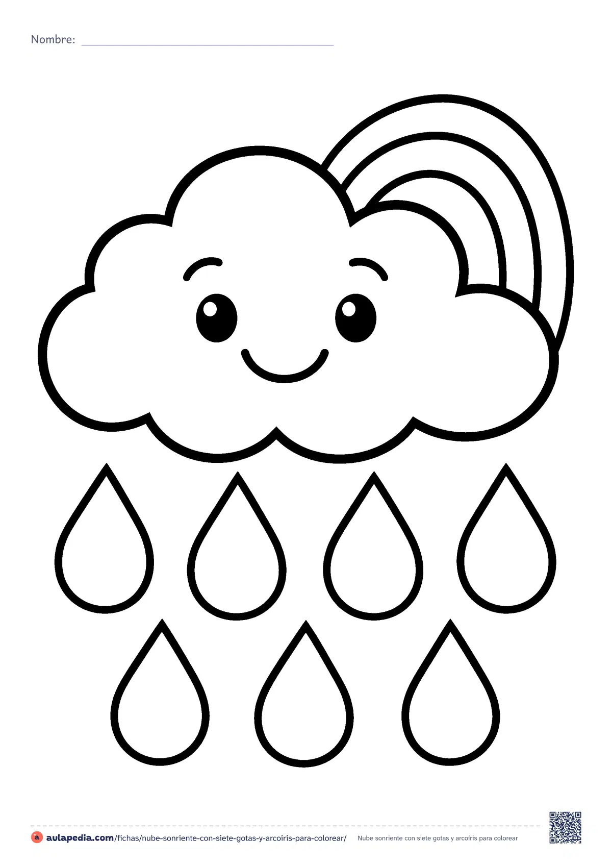 Primera página de la ficha «Nube sonriente con siete gotas y arcoíris»: una nube con carita sonriente, siete gotas de lluvia y un arcoíris de tres franjas detrás. Dibujo muy fácil para colorear.