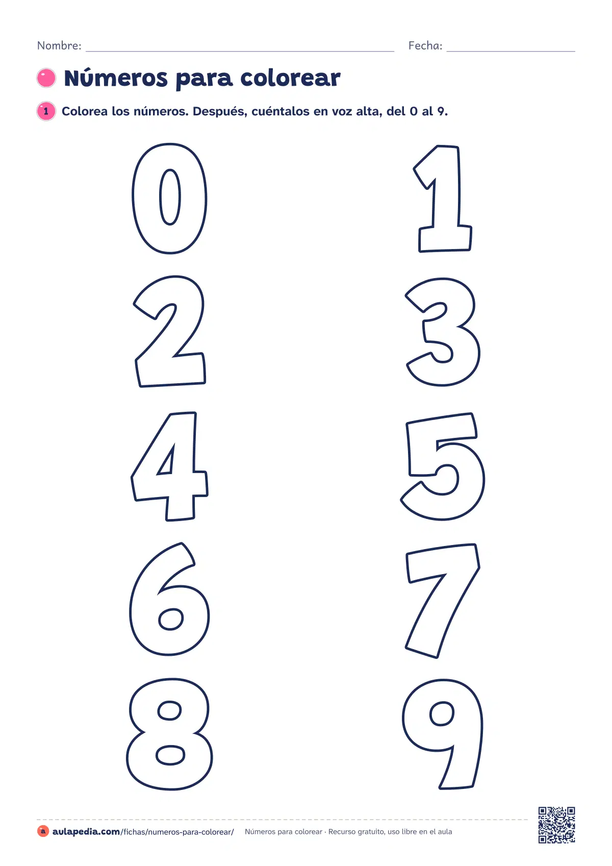 Primera página de la ficha «Números del 0 al 9 en una hoja»: los números del 0 al 9 en cifras huecas grandes y en una sola hoja para colorear. Incluye 0 · 1, 2 · 3, 4 · 5, 6 · 7 y 8 · 9.