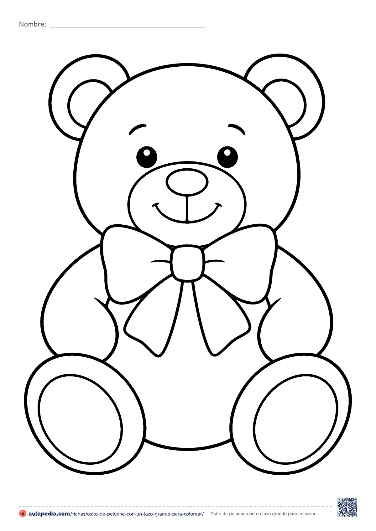 Primera página de la ficha «Osito de peluche con un lazo grande»: un osito de peluche sentado, con un lazo grande al cuello. Dibujo muy fácil para colorear, de formas redondas y contorno grueso.
