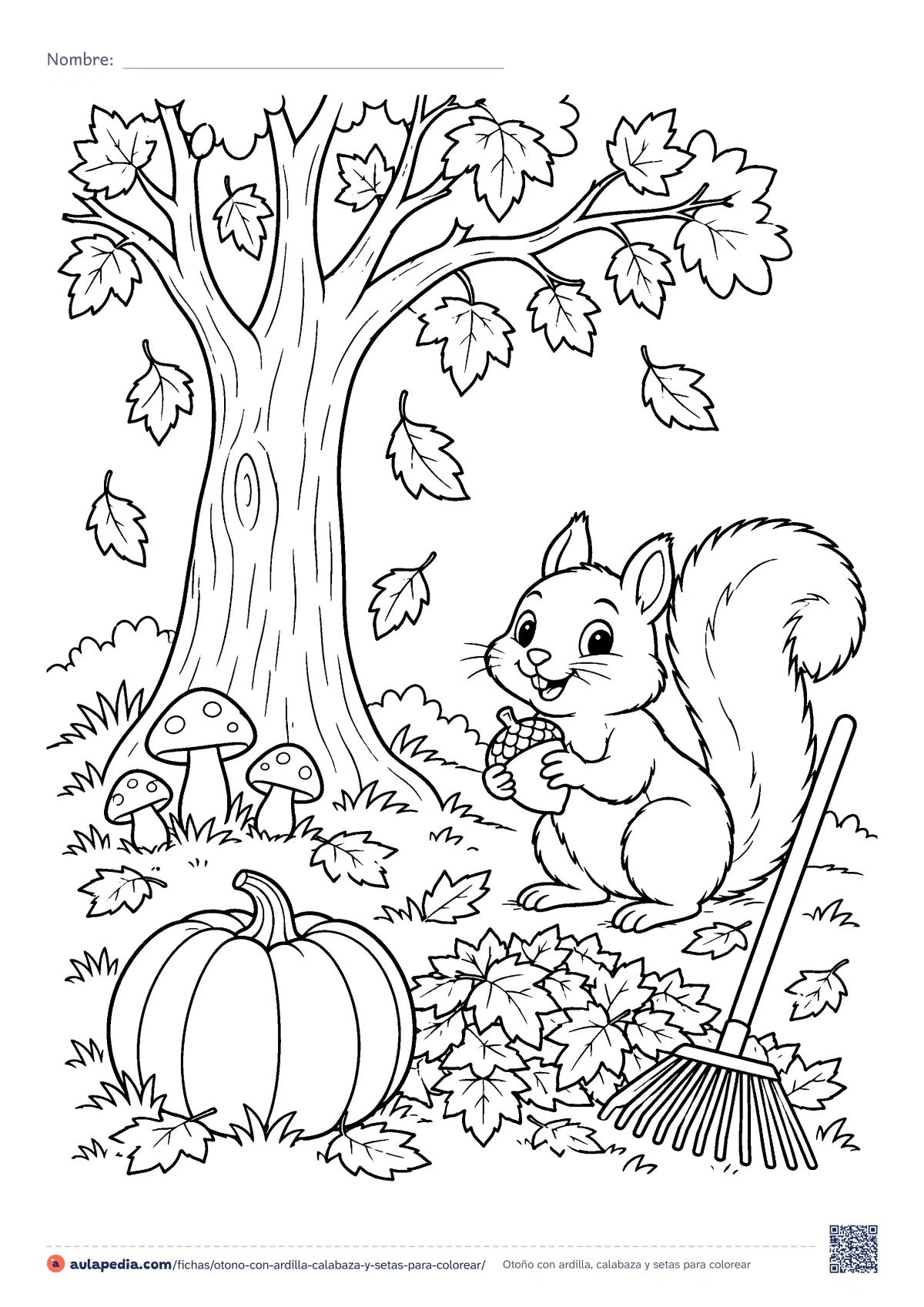 Primera página de la ficha «Otoño con ardilla, calabaza y setas»: una ardilla con su bellota, un árbol que pierde las hojas, tres setas (hongos), una calabaza, un rastrillo y hojas.