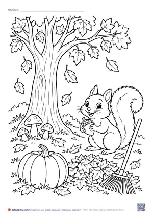 Vista previa de «Otoño con ardilla, calabaza y setas»