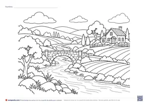 Vista previa de «Paisaje de campo con río y puente de piedra»