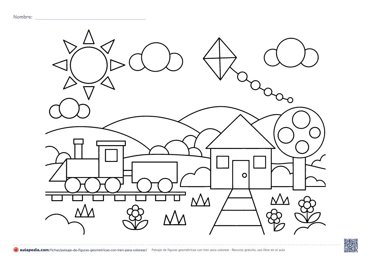 Primera página de la ficha «Paisaje de figuras geométricas con tren»: un tren, una casa, un árbol, el sol y una cometa en forma de rombo, hechos con figuras geométricas. Hoja apaisada para colorear y contar.