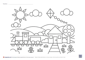 Vista previa de «Paisaje de figuras geométricas con tren»