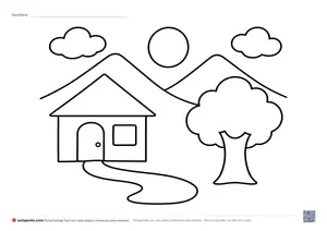Vista previa de «Paisaje fácil con casa, árbol y montañas»