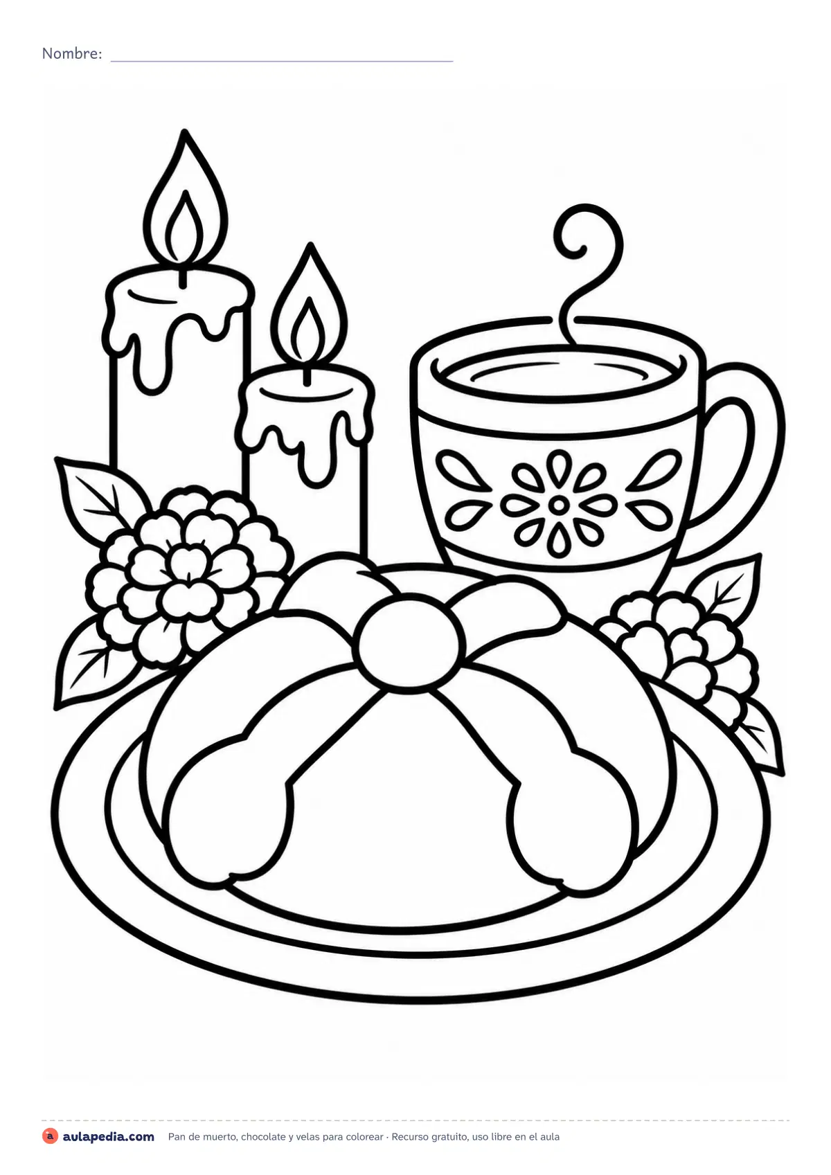 Primera página de la ficha «Pan de muerto, chocolate y velas»: pan de muerto en su plato, taza de chocolate caliente y dos velas para colorear. Lámina fácil de Día de Muertos.