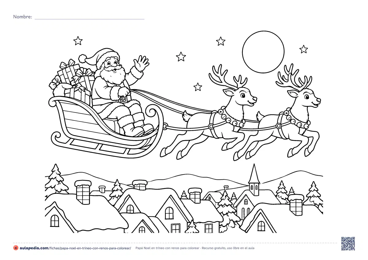 Primera página de la ficha «Papá Noel en trineo con renos»: Papá Noel vuela en un trineo cargado de regalos, tirado por dos renos, sobre los tejados nevados de un pueblo. Dibujo.