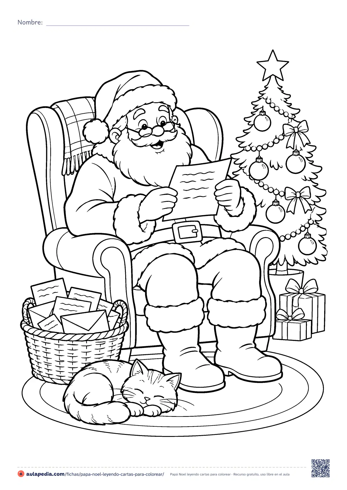Primera página de la ficha «Papá Noel leyendo cartas»: Papá Noel, con gafas, lee una carta en su sillón junto a una cesta de sobres, un árbol decorado y un gato dormido.