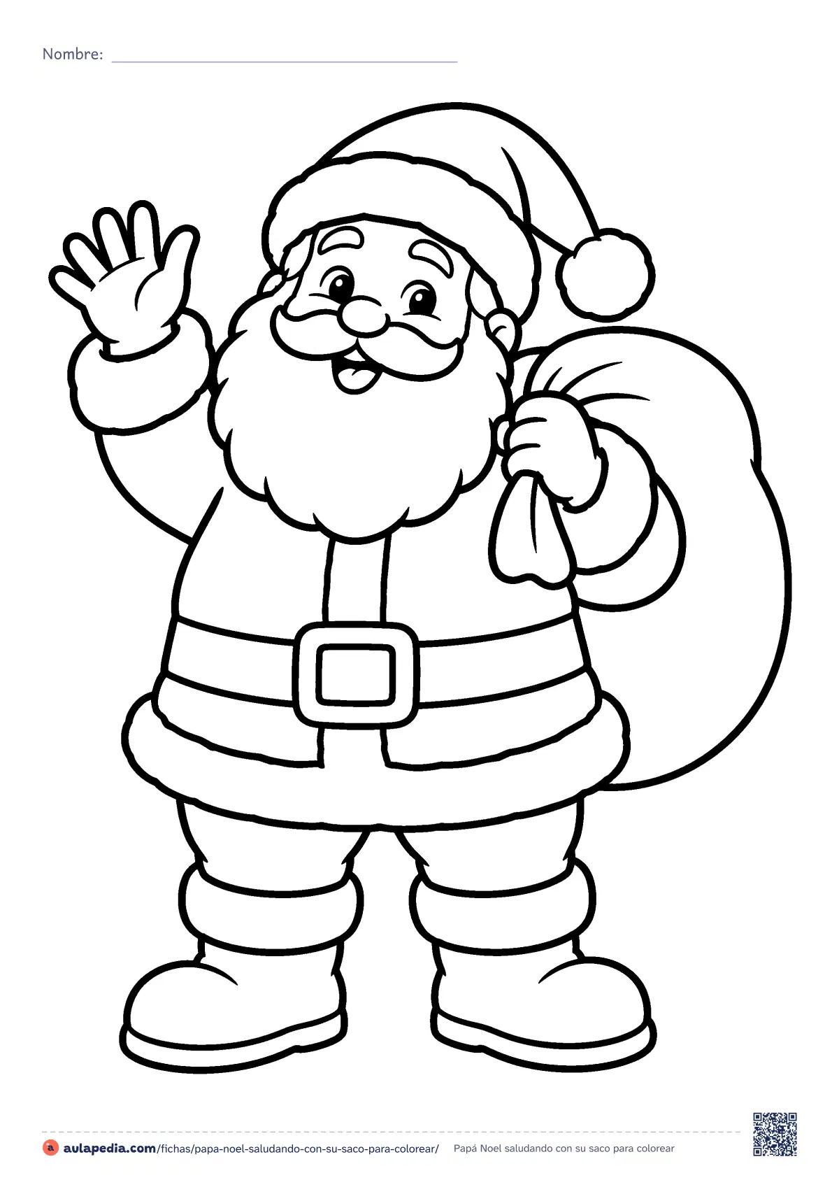 Primera página de la ficha «Papá Noel saludando con su saco»: Papá Noel (Santa Claus) de cuerpo entero saluda y carga al hombro su saco de regalos. Lámina fácil.