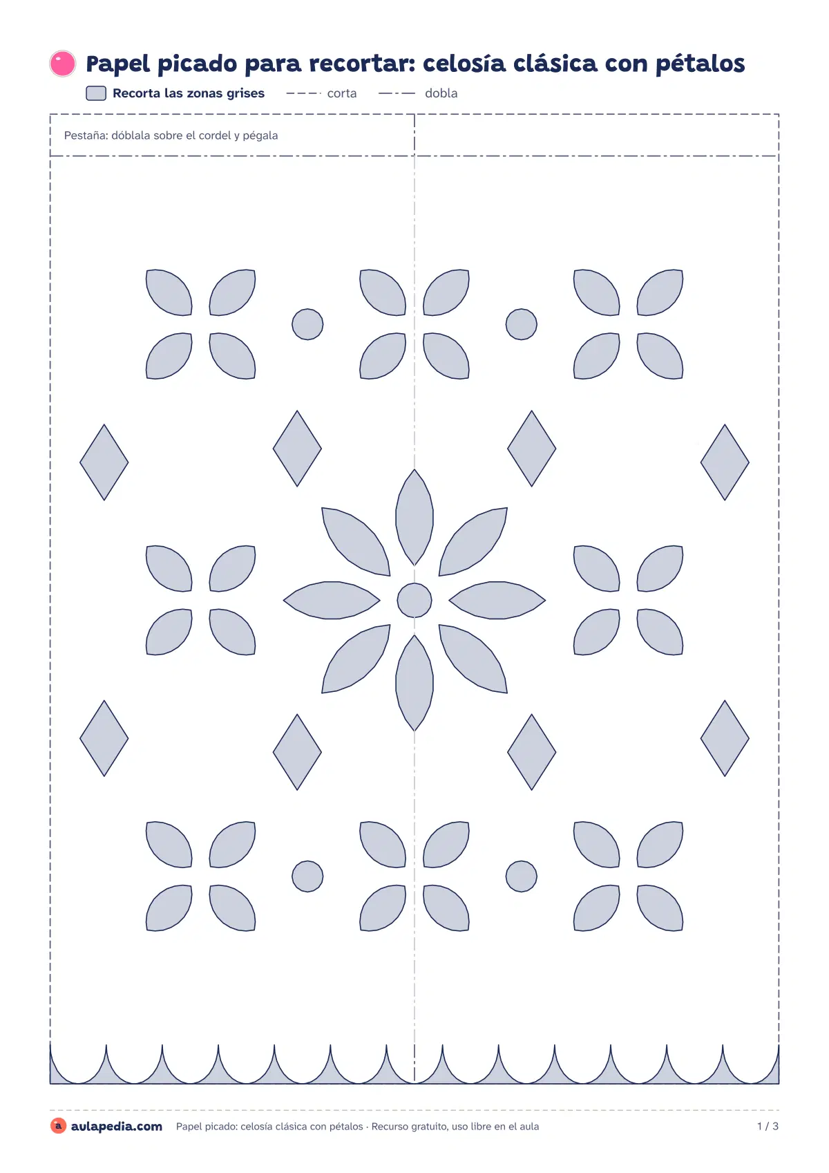 Primera página de la ficha «Papel picado de celosía»: un rosetón de ocho pétalos y flores de cuatro pétalos en retícula. Para recortar o colorear.
