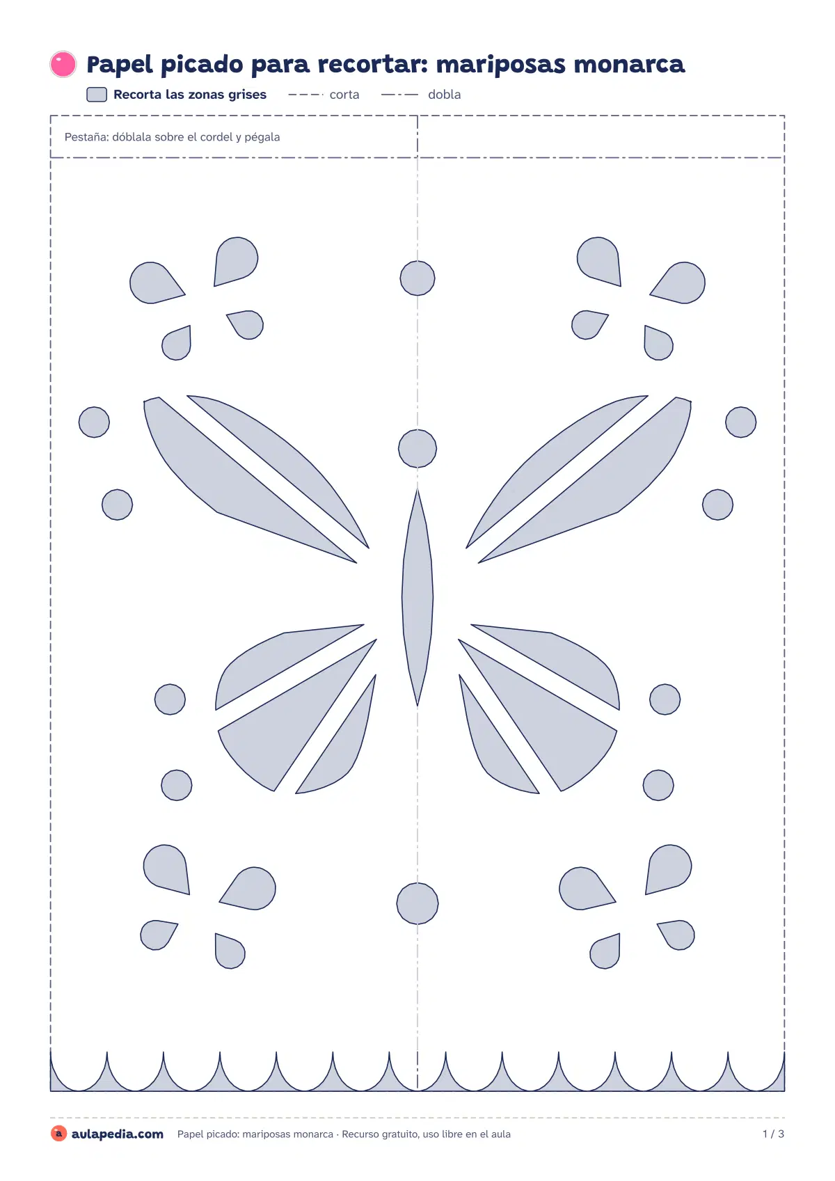 Primera página de la ficha «Papel picado de mariposas monarca»: plantilla de papel picado con una mariposa monarca grande de alas con celdas y dos mariposas pequeñas, para recortar o colorear.