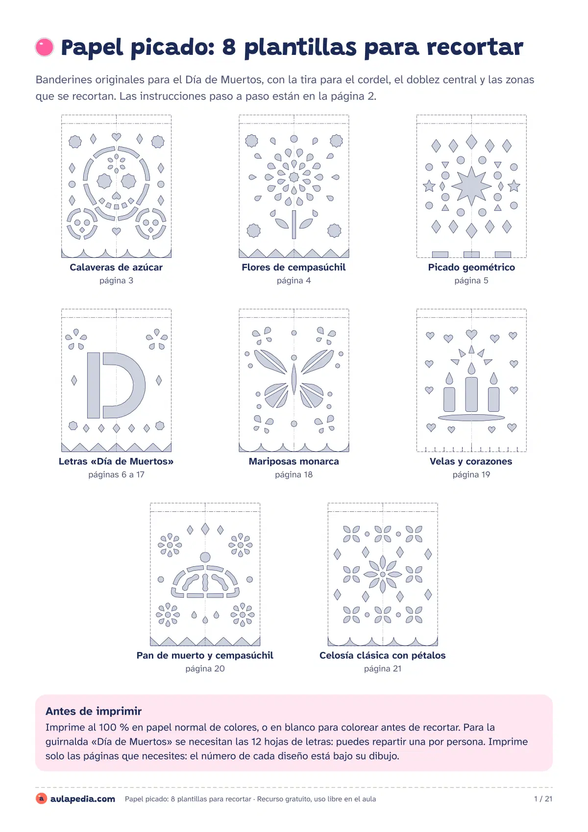 Primera página de la ficha «Las 8 plantillas de papel picado»: calaveras, cempasúchil, letras «Día de Muertos» y más.
