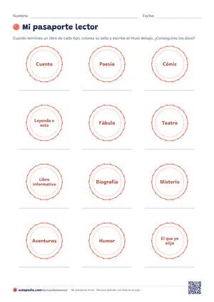 Pasaporte lector: Pasaporte lector con doce sellos de géneros distintos (cuento, poesía, cómic, leyenda, teatro, misterio…) para colorear y escribir el título.