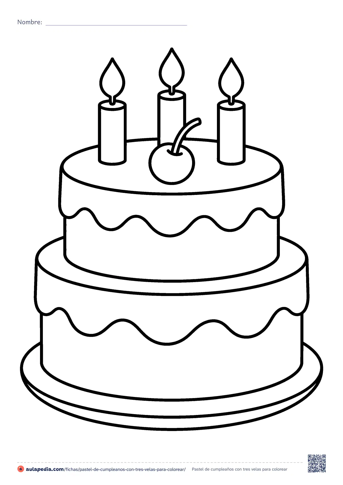 Primera página de la ficha «Pastel de cumpleaños con tres velas»: un pastel de cumpleaños de dos pisos con tres velas encendidas y una cereza. Dibujo fácil para colorear y felicitar, de trazo grueso.