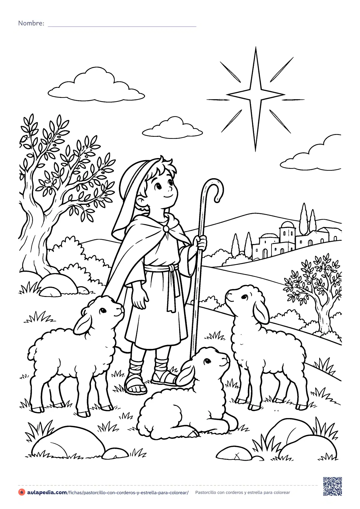 Primera página de la ficha «Pastorcillo con corderos y estrella»: un pastorcillo con cayado mira una gran estrella desde una colina, con tres corderos, olivos y un pueblo al fondo. Para.