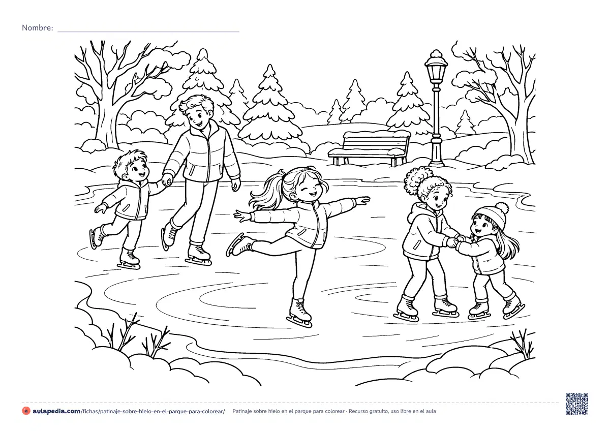 Primera página de la ficha «Patinaje sobre hielo en el parque»: uno va de la mano, una niña gira y dos amigas se ayudan. Se imprime.