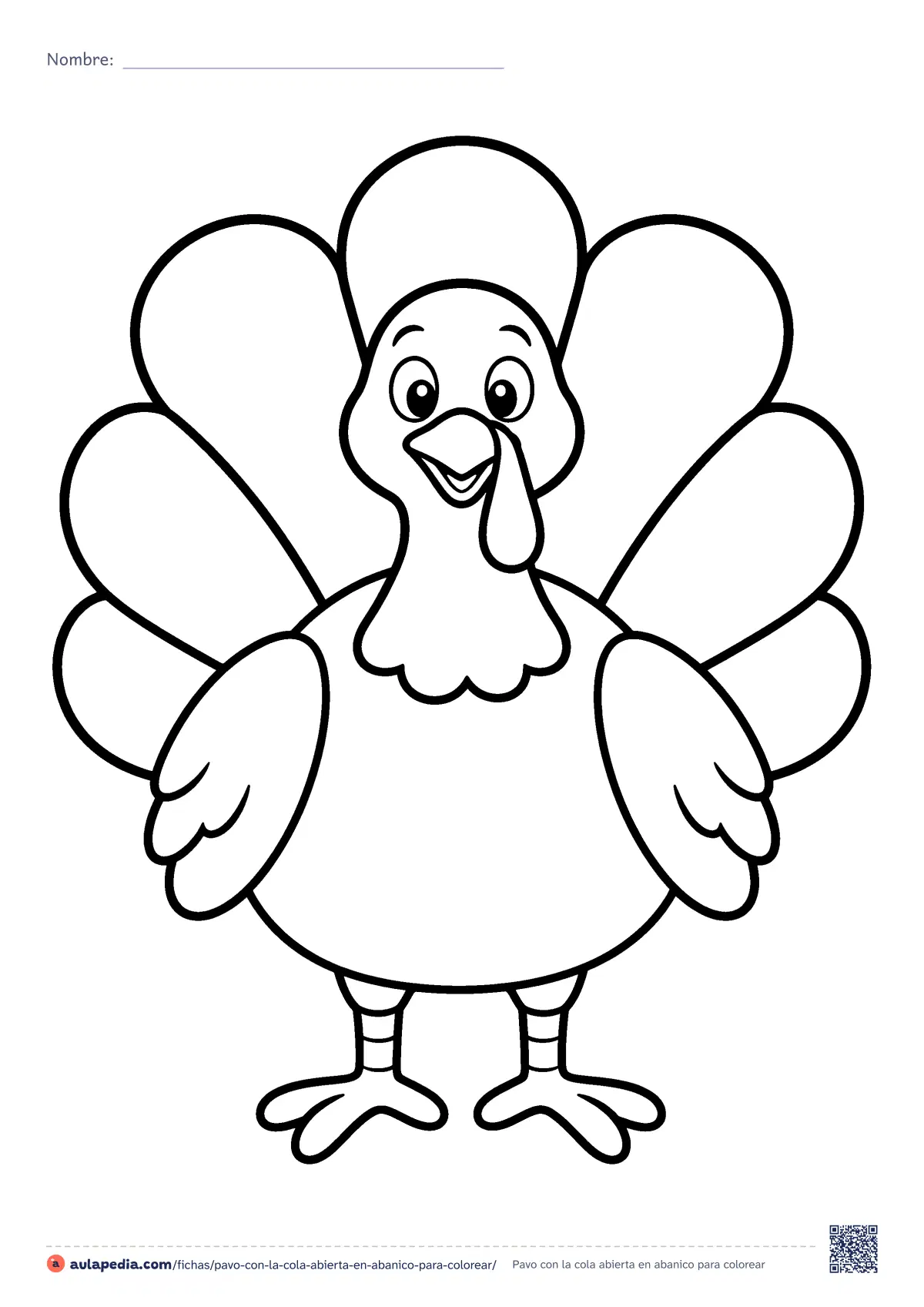 Primera página de la ficha «Pavo con la cola abierta en abanico»: un pavo (guajolote) sonriente, de frente, con siete plumas grandes abiertas en abanico. Dibujo fácil de zonas amplias.