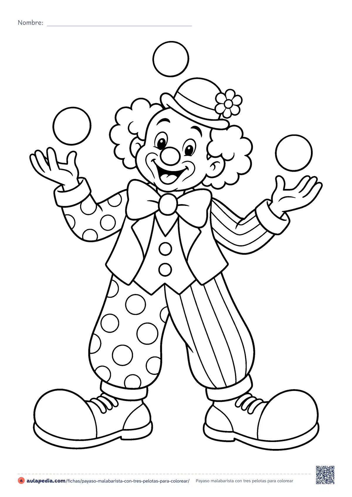 Primera página de la ficha «Payaso malabarista con tres pelotas»: lunares, rayas, pajarita y zapatones. Dibujo de dificultad media para colorear.