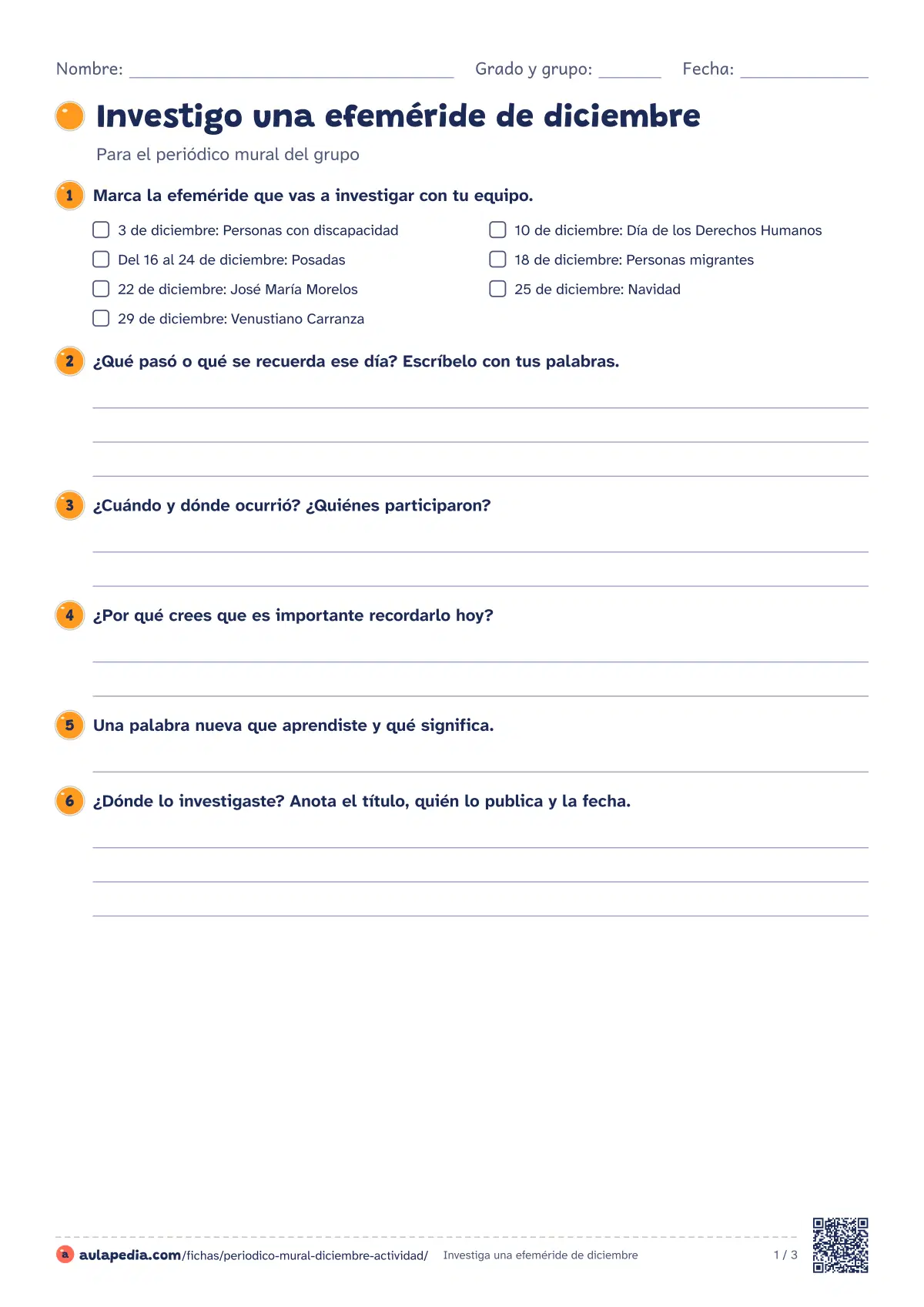 Primera página de la ficha «Investiga una efeméride»: ficha para investigar una efeméride de diciembre con preguntas guía, espacio para dibujar y revisión en equipo, y guía para el docente.