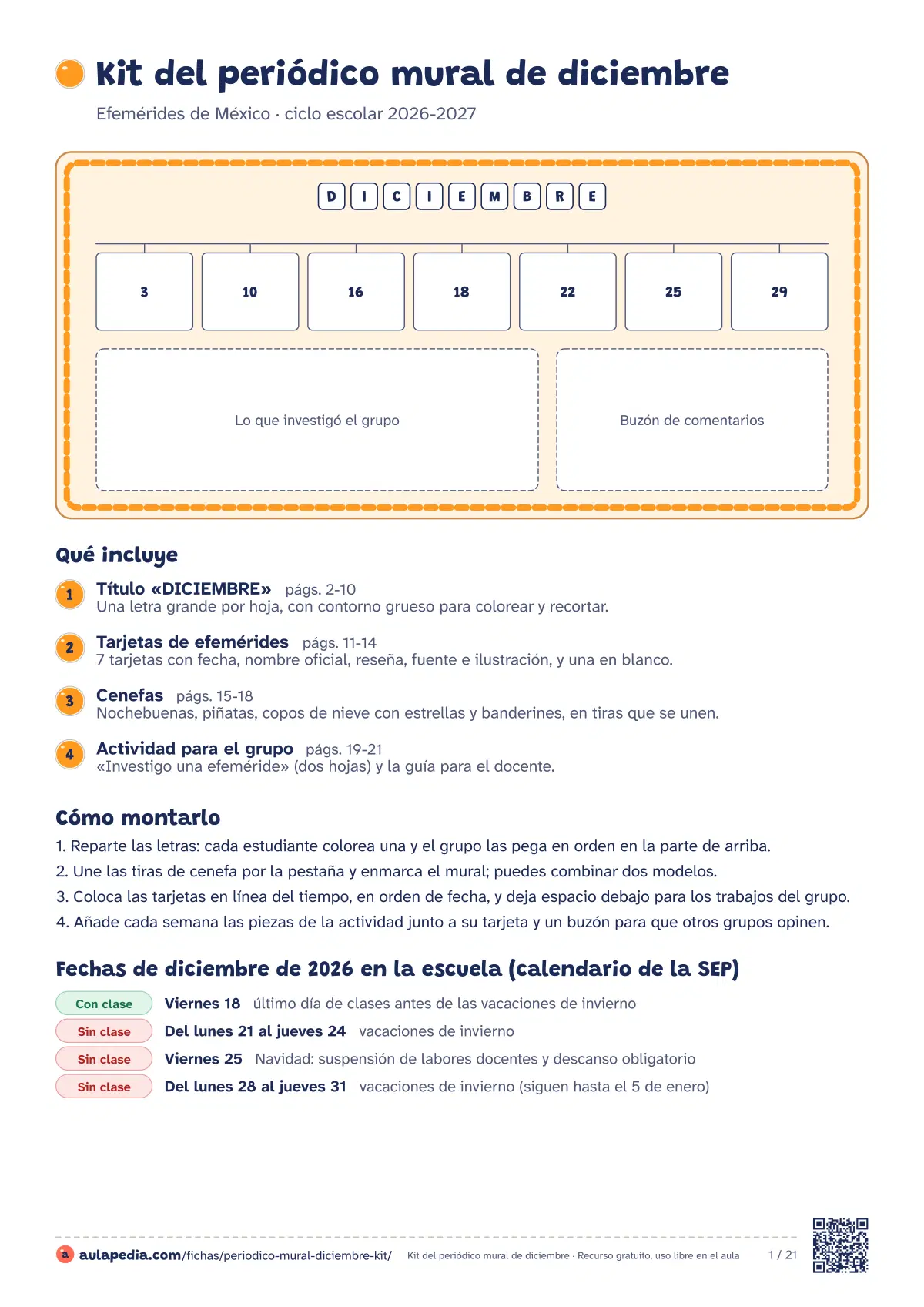 Primera página de la ficha «Kit completo de diciembre»: guía de montaje, letras del título, 7 tarjetas de efemérides, cenefas y una actividad.