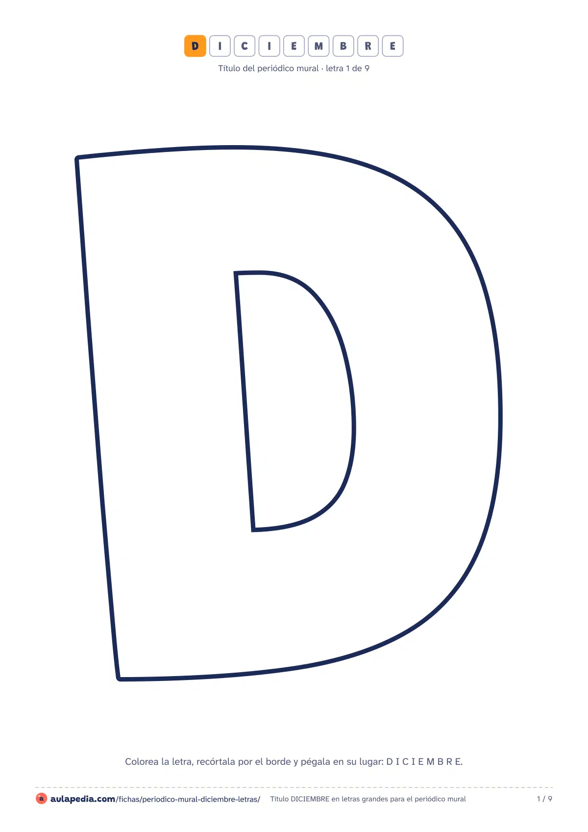 Primera página de la ficha «Letras de DICIEMBRE»: una por hoja, con contorno grueso para colorear y recortar.