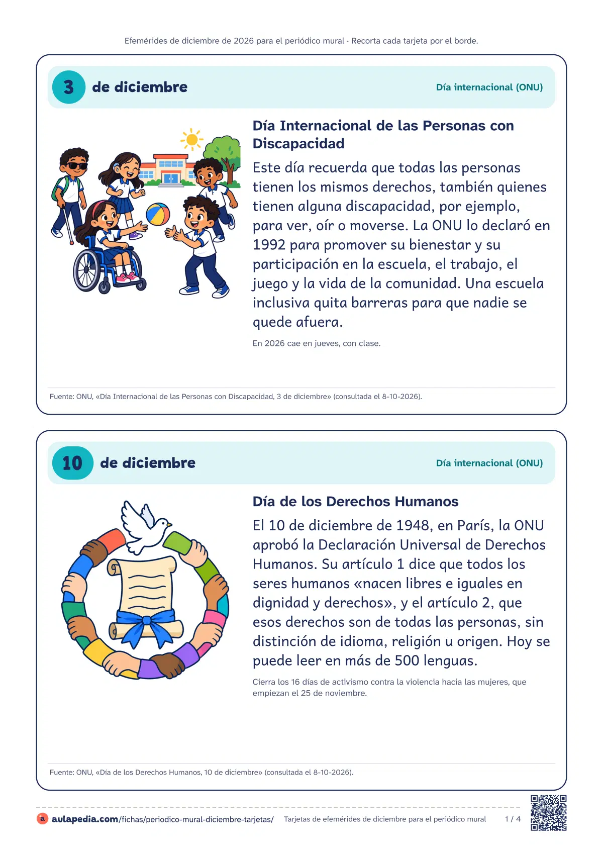 Primera página de la ficha «Tarjetas de efemérides»: las 7 efemérides de diciembre en tarjetas con fecha, nombre oficial, reseña para Primaria, fuente e ilustración propia. Dos por hoja, Carta y A4.