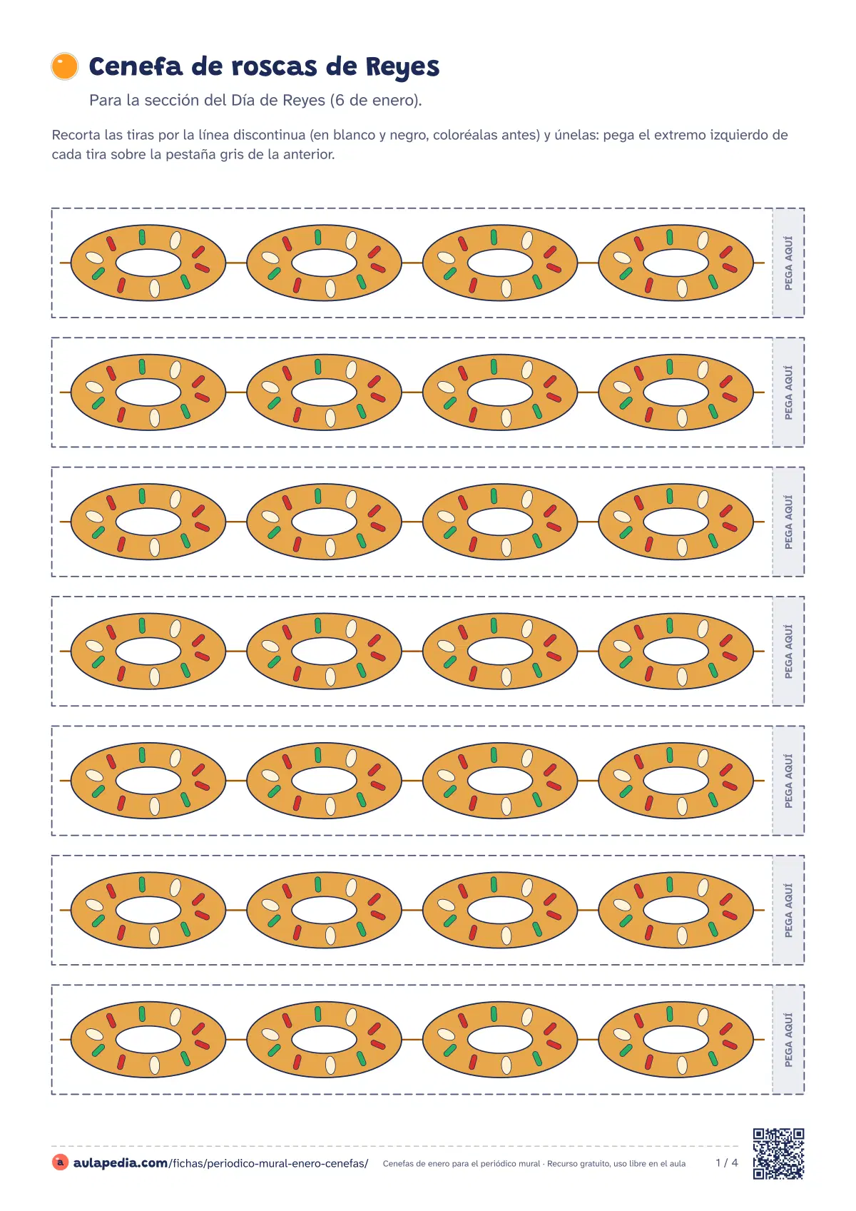 Primera página de la ficha «Cenefas para recortar»: roscas de Reyes, coronas, útiles escolares y palomas de la paz. Tiras para unir, Carta y A4.