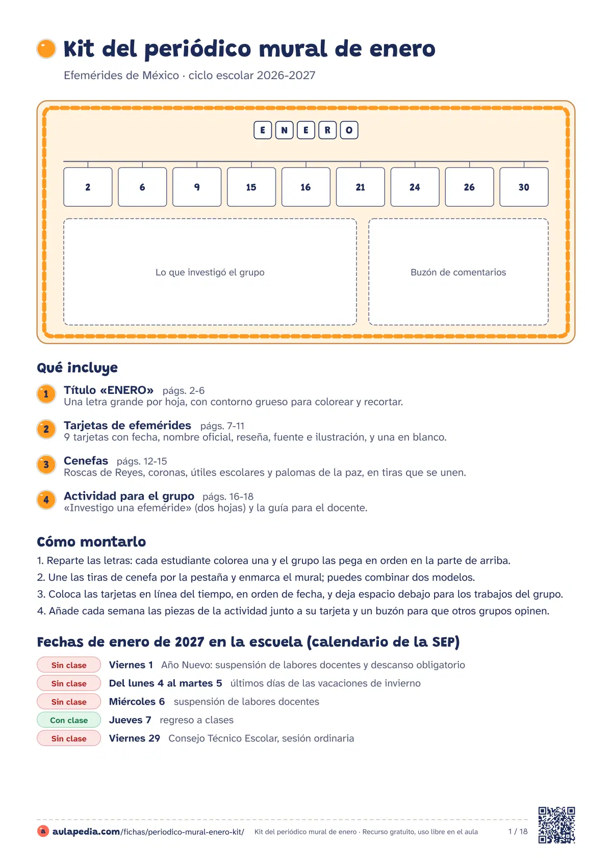Primera página de la ficha «Kit completo de enero»: guía de montaje, letras del título, 9 tarjetas de efemérides, cenefas y una actividad.