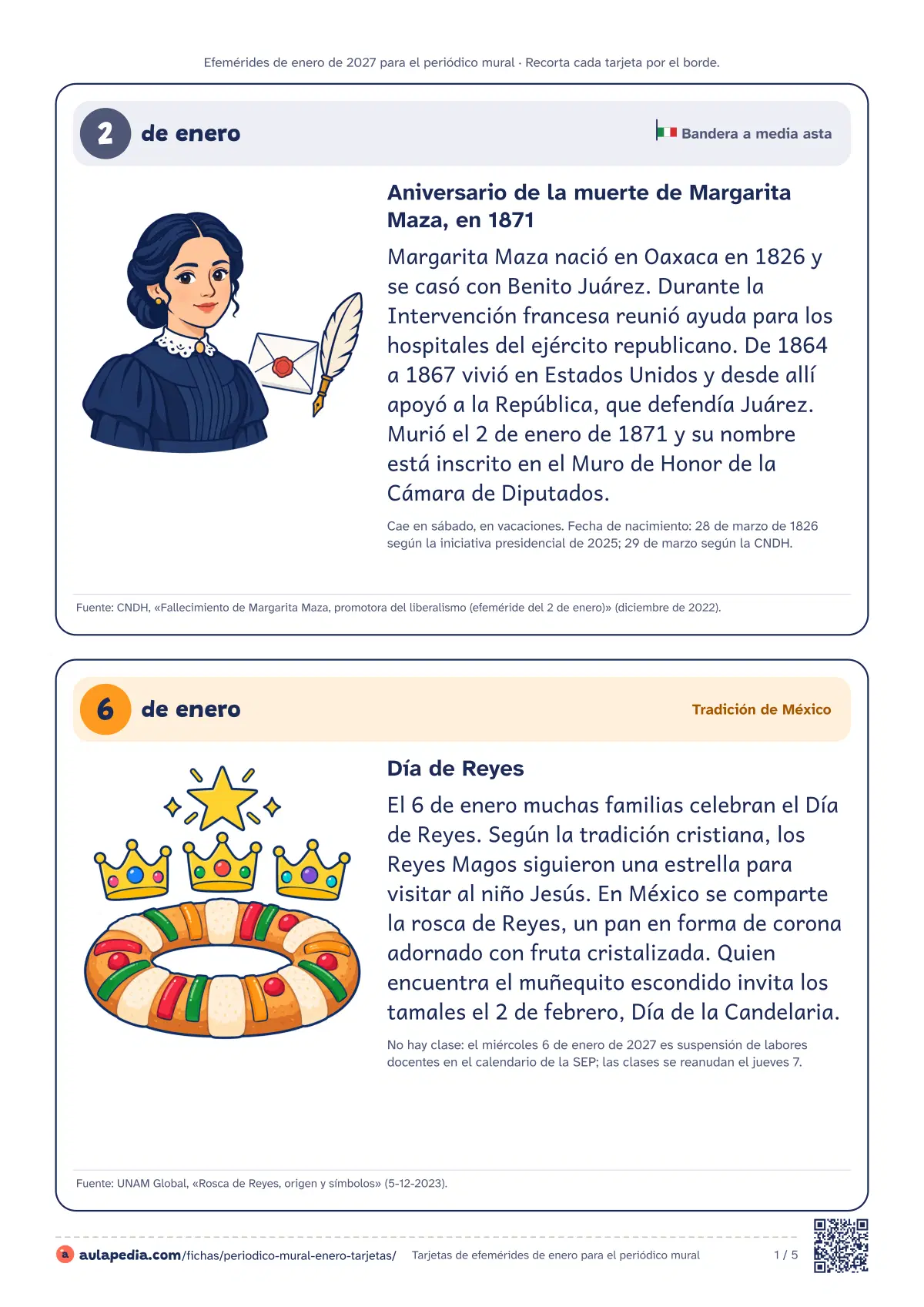 Primera página de la ficha «Tarjetas de efemérides»: las 9 efemérides de enero en tarjetas con fecha, nombre oficial, reseña para Primaria, fuente e ilustración propia. Dos por hoja, Carta y A4.