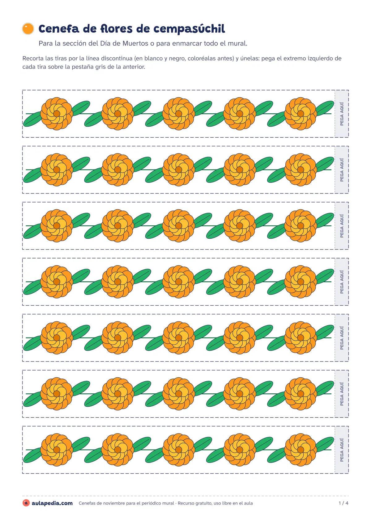 Primera página de la ficha «Cenefas para recortar»: cempasúchil, papel picado, greca escalonada y banderines. Tiras para unir, Carta y A4.