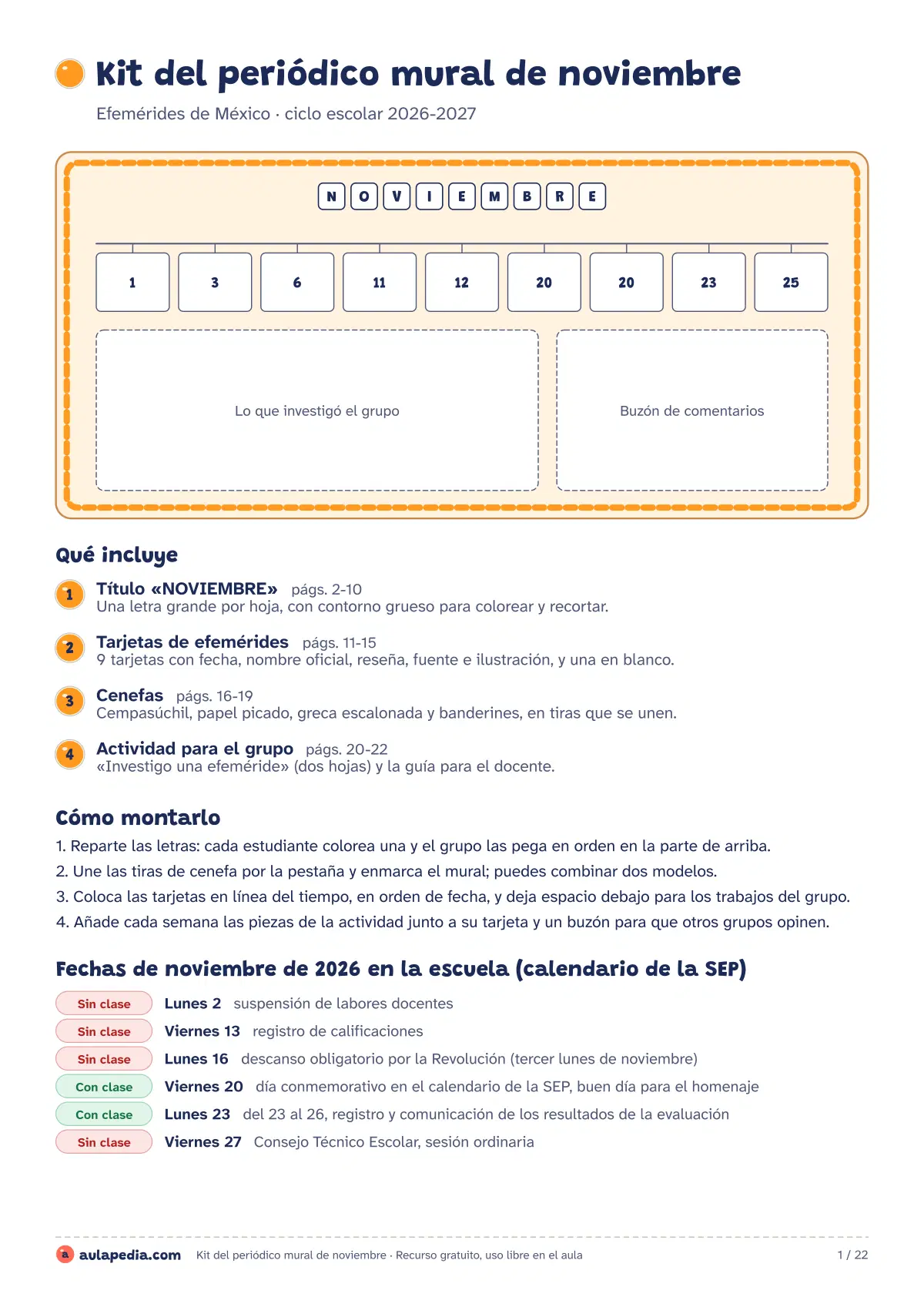 Primera página de la ficha «Kit completo»: guía de montaje, letras del título, 9 tarjetas de efemérides, cenefas y una actividad.