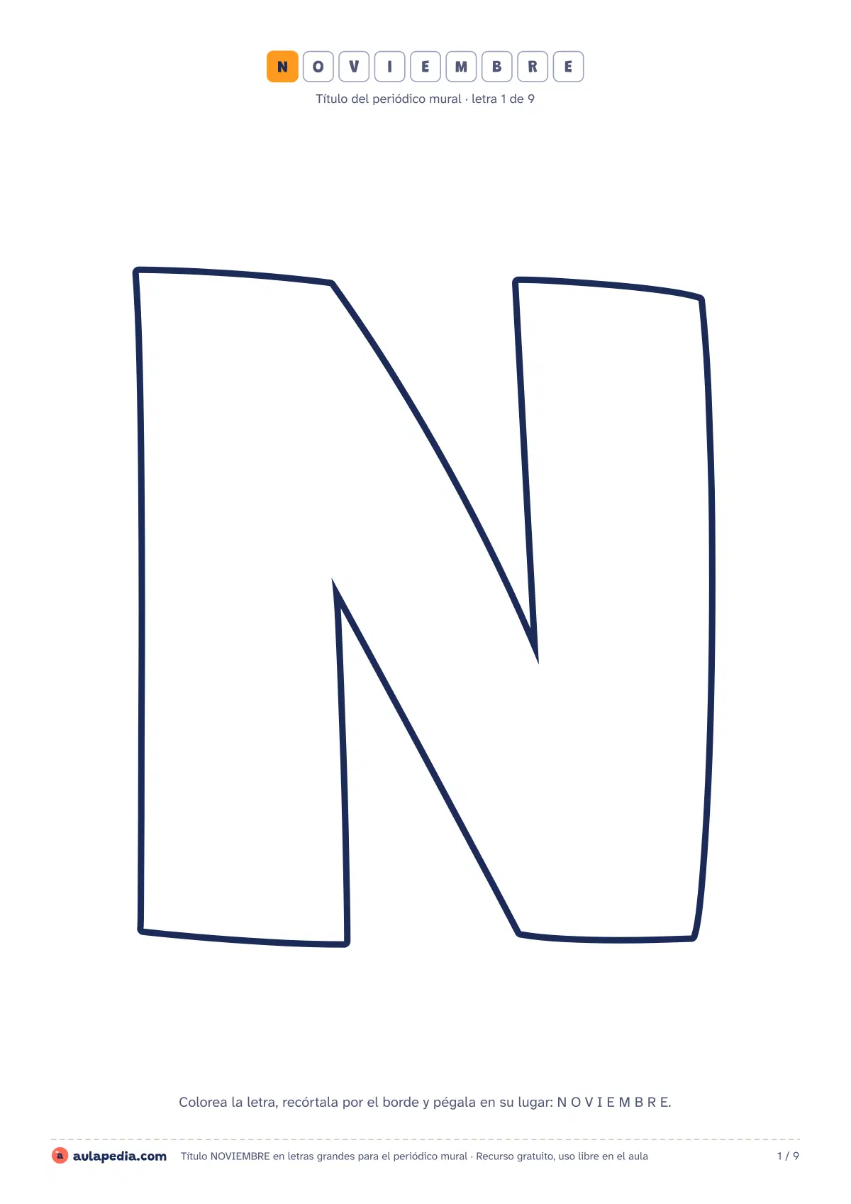 Primera página de la ficha «Letras de NOVIEMBRE»: una por hoja, con contorno grueso para colorear y recortar.