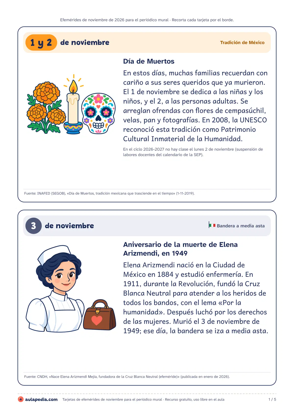 Primera página de la ficha «Tarjetas de efemérides»: las 9 efemérides de noviembre en tarjetas con fecha, nombre oficial, reseña para Primaria, fuente e ilustración propia. Dos por hoja, Carta y A4.