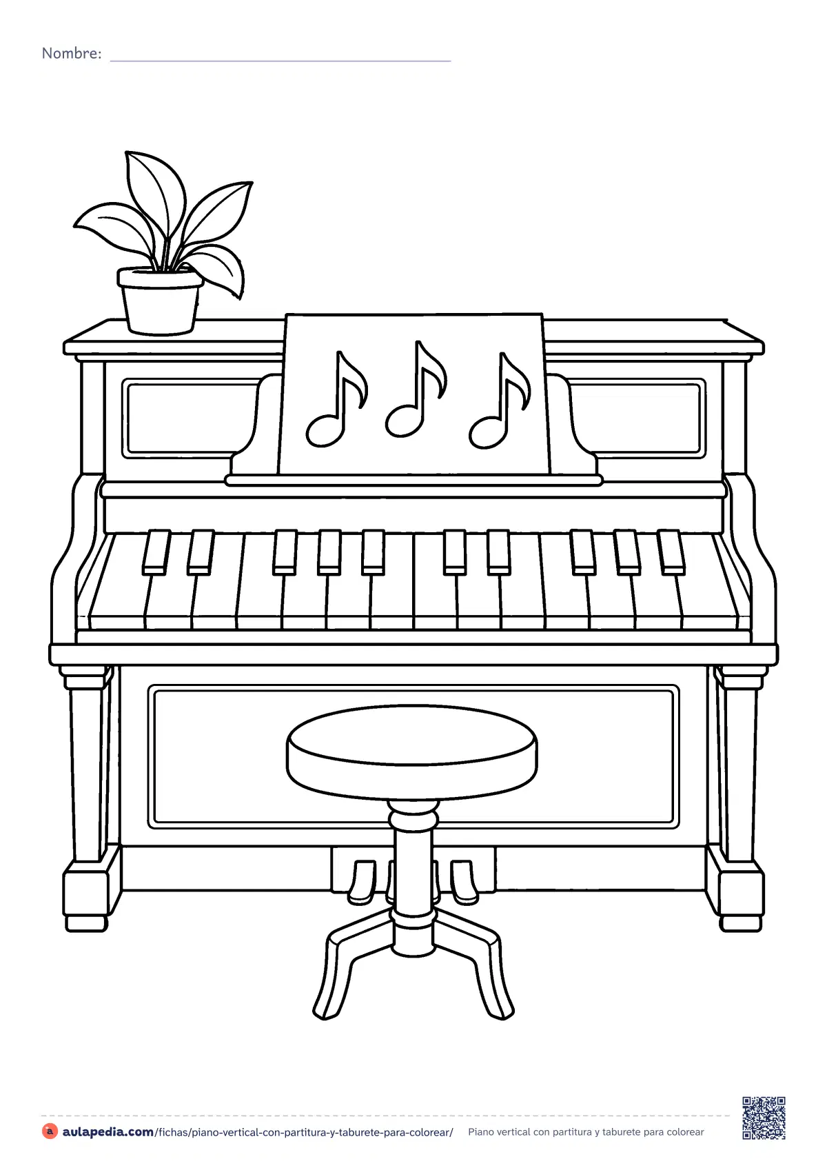 Primera página de la ficha «Piano vertical con partitura y taburete»: un piano vertical con su teclado, una partitura en el atril, una planta encima y el taburete delante. Dibujo para colorear de dificultad media.