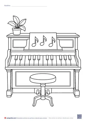 Vista previa de «Piano vertical con partitura y taburete»