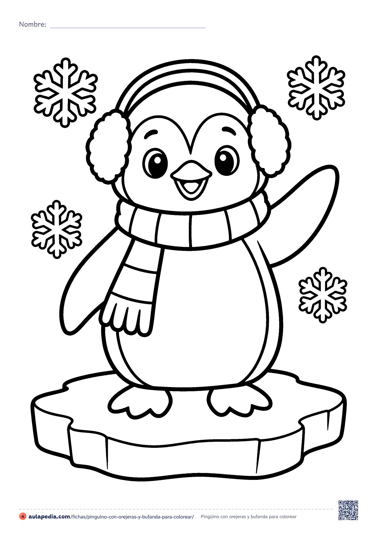 Primera página de la ficha «Pingüino con orejeras y bufanda»: pingüino con orejeras y bufanda de rayas que saluda con la aleta desde un bloque de hielo, entre copos. Fácil, en tamaño.