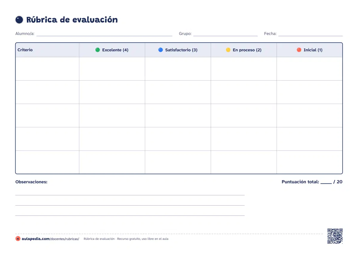 Primera página de la ficha «Rúbrica en blanco»: cinco criterios y cuatro niveles (Excelente, Satisfactorio, En proceso e Inicial), con puntuación.